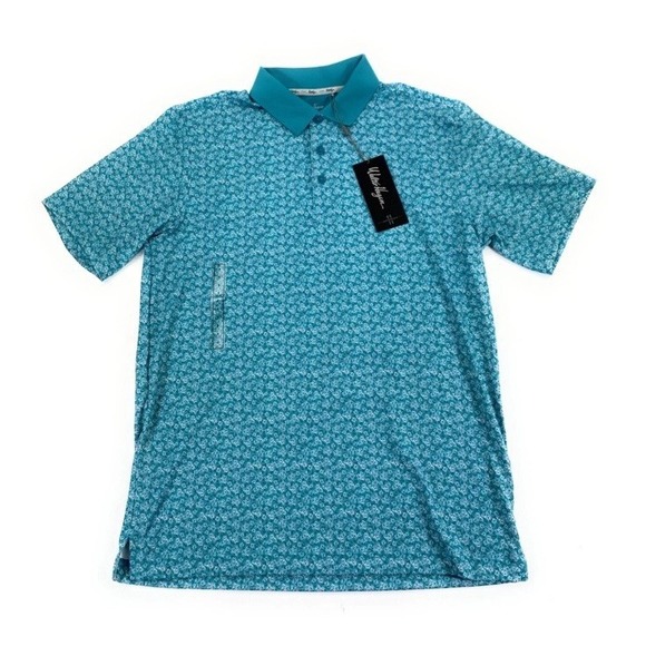 NWT Walter Hagen Men's Performance‎ 11 Dogwood Ditsy Aqua Blue Polo Shirt Small - Picture 2 of 7